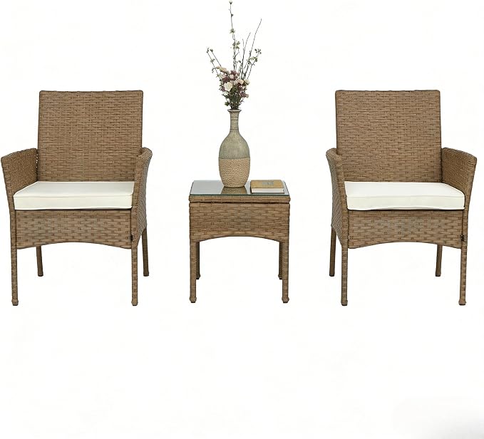 UNITED FLAMES 3-Piece Outdoor Wicker Bistro Set, PE Rattan Patio Chairs & Side Table with Cushions, Weather Resistant Conversation Set for Balcony, Porch, Garden (Beige)