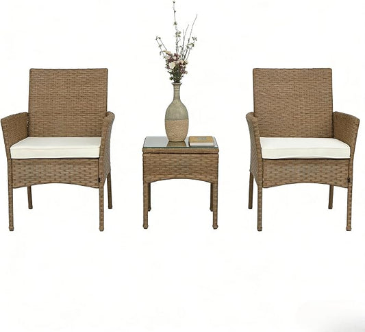 UNITED FLAMES 3-Piece Outdoor Wicker Bistro Set, PE Rattan Patio Chairs & Side Table with Cushions, Weather Resistant Conversation Set for Balcony, Porch, Garden (Beige)