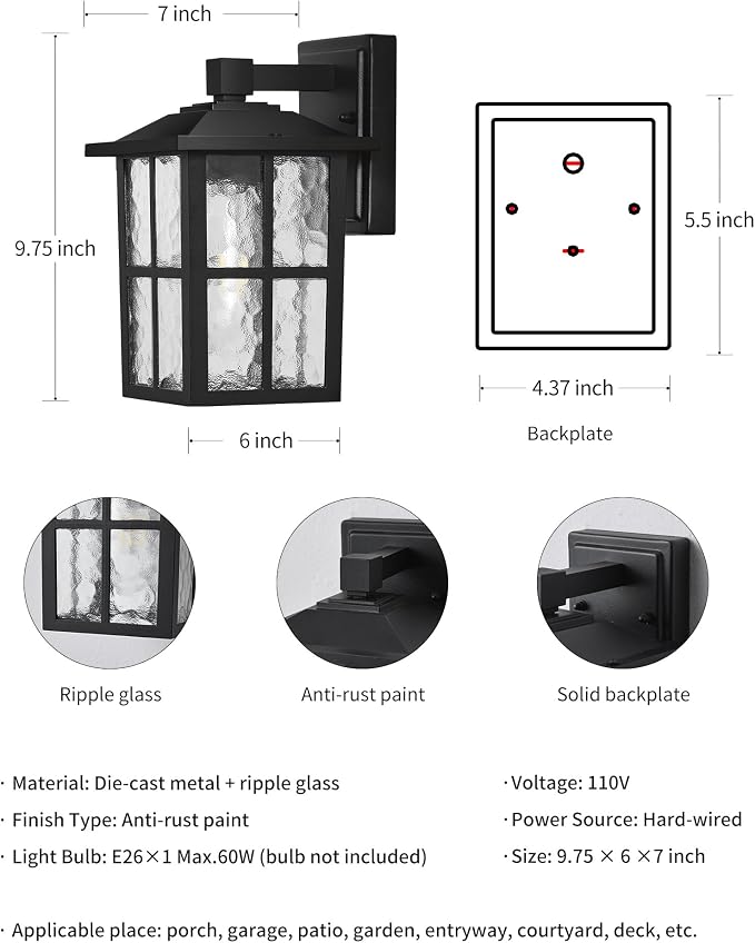 KDG Black Outdoor Waterproof Modern Patio Wall Light Fixtures Set of 2 | E26 Socket Exterior Lanterns & Sconce with Tempered Glass, Wall Mounted Lamps for Home, Front Door, Garden, Garage, Porch