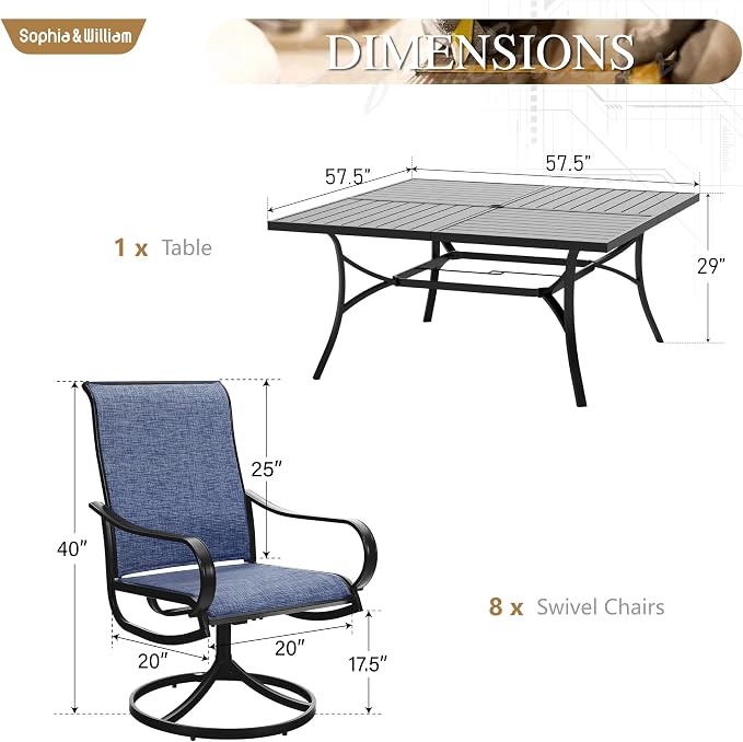 Sophia & William Outdoor Dining Set for 8 w/Square Metal Table, Blue | 57.5'' table and 8 patio swivel chairs with E-coating metal & textilene fabric. Weather-resistant. Suitable for deck, garden