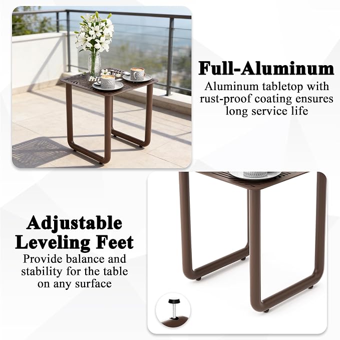 18" Aluminum Outdoor Coffee Table with U-Shaped Legs, Square Patio End Table with Wave Pattern Slatted Top, Rust-Resistant Modern Side Table for Balcony and Poolside, Brown