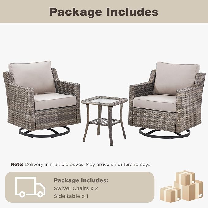 Belord Patio Wicker Swivel Rocker Patio Chairs with Side Table, Outdoor Rattan Chairs for Deck Porch Garden, 3 Piece Luxury Patio Furniture Set, Beige