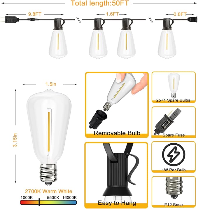 Svater 50 FT Outdoor String Lights LED, Patio Light Waterproof 26 Bulbs | Outside Hanging Lighting, Shatterproof Dimmable ST38 Edison Bulbs，Connectable for Bistro Cafe Market Dimmable 2700K
