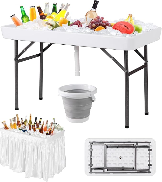 Folding Ice Cooler Table with Drain & Removable Matching Skirt, No Assembly Outdoor Cooler Side Tables, Beverage Fill and Chill Tables, Portable Ice Table for Party BBQ Camping Wedding