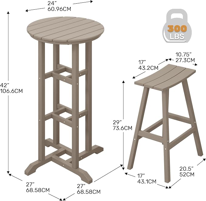 Costaelm Outdoor Bar Table, 42" Counter Height Round Patio Cocktail Bar Table, Patio Bar Table 3-Pieces Set Bistro Dining Table Pub Table forDeck, Backyard, Garden, Weathered Wood