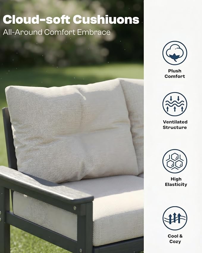 HDPE Patio Sofa Set, 3-Piece Sectional Outdoor Patio Furniture Set, All Weather Outdoor Couch Set with Beige Washable Thick Cushions for Lawn, Garden, Balcony, Porch (Grey Frame)