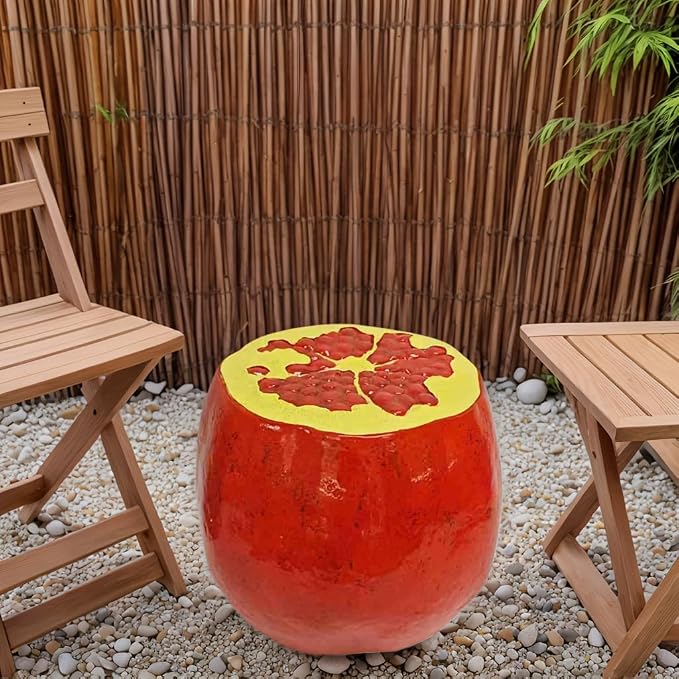 14'' Garden Fruit Design Stool, Decorative Patio Side Tables for Outside / Indoor, Drum Table & Plant Stands Stools for Patio Balcony Living Room, Home Decor, Weather-Resistant (Red, Pomegranate)
