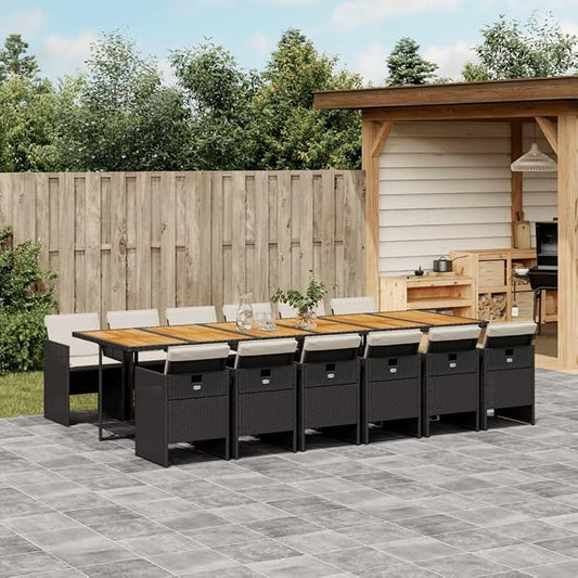 13 Piece Patio Dining Set with Cushions Black Poly Rattan Outdoor Furniture for Garden Backyard Dining Table and 12 Folding Chairs with Cream White Cushions, UV-Proof Weather Resistant