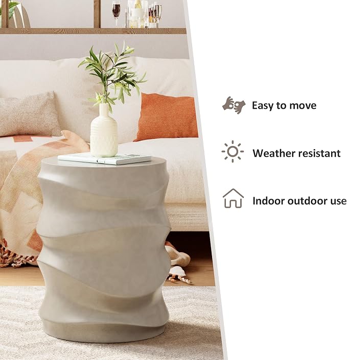 HOMPUS Outdoor Side Table w Water Wave, Unique End Table Patio, Small MgO Round Coffee Table, Lightweight Modern Vintage Garden Plant Stand for Indoor Outdoor Use, Grey