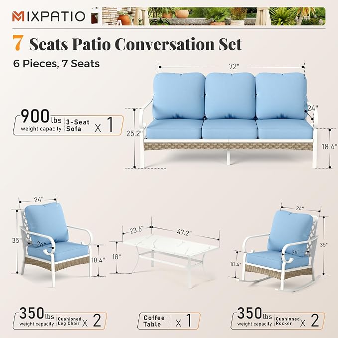 MIXPATIO 6 Piece Patio Furniture Set, 2 x Fixed Chair, 2 x Rocking Chair, 1 x 3-Seat Sofa with Marbling Coffee Table, All Cushioned 7 Seats Outdoor Conversation Set for Lawn Garden Backyard, Blue
