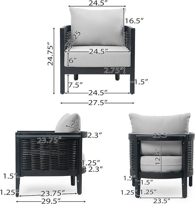 Christopher Knight Home Peron Patio 4-Seater Conversation Set, Sofa/Loveseat, 2 Club Chairs, Coffee Table, Cushion+Back Pillows, Acacia Wood+Wicker, Garden, Backyard, Poolside, Black + Light Grey