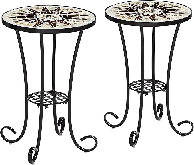 Teal Island Designs Sunburst Rustic Black Metal Round Outdoor Accent Side Tables 14" Wide Set of 2 Brown Mosaic Tile Tabletop Gracefully Curved Legs for Spaces Porch Patio Home House Balcony Deck