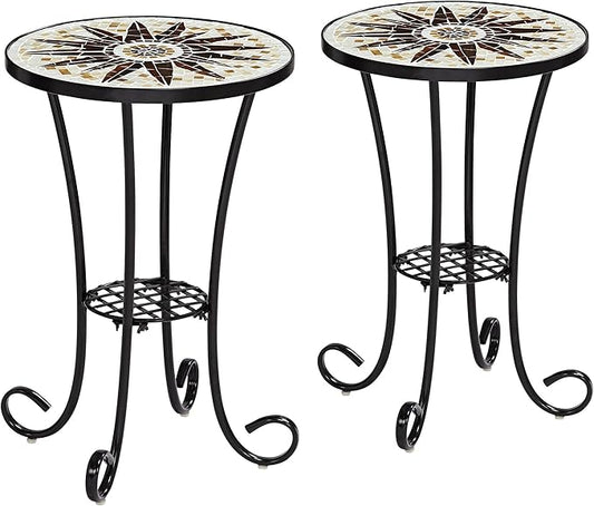 Teal Island Designs Sunburst Rustic Black Metal Round Outdoor Accent Side Tables 14" Wide Set of 2 Brown Mosaic Tile Tabletop Gracefully Curved Legs for Spaces Porch Patio Home House Balcony Deck