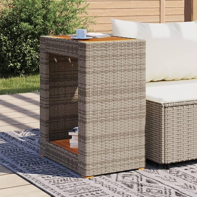 Patio Side Table with Wooden Top Gray 23.6"x15.7"x29.5" Poly Rattan Coffee End Table Outdoor Furniture for Garden, Patio, Backyard, and Living Room