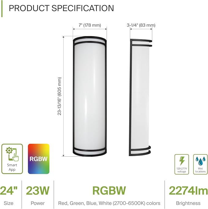 ASD 24 Inch Smart RGBW LED Outdoor Sconce Lights - 23W 120-277V 2700-6500K Black Exterior Lighting Fixtures, Remote Control Alexa Exterior Lights for House, Patio Wall Light Fixture ETL