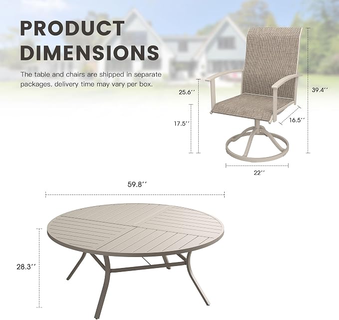 9 Pieces Round Outdoor Table and Chairs Set, Patio Dining Set with 60" Round Spliced Outdoor Table and Patio Swivel Chairs for Backyard Lawn Garden, Sandshell Table and Sandshell Chairs