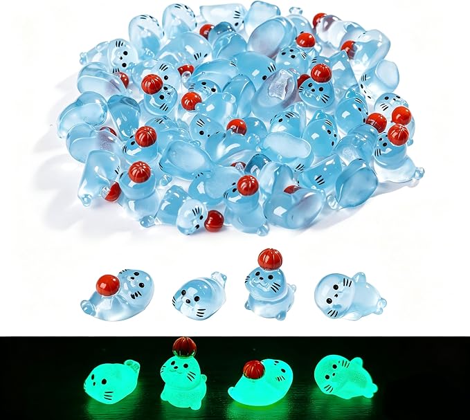 48 Pack Mini Glow in The Dark Resin Animals Seal Figures,4 Styles Luminous Little Sea Creatures Ocean Cute Miniature Figurines Bulk for Aquarium Decor