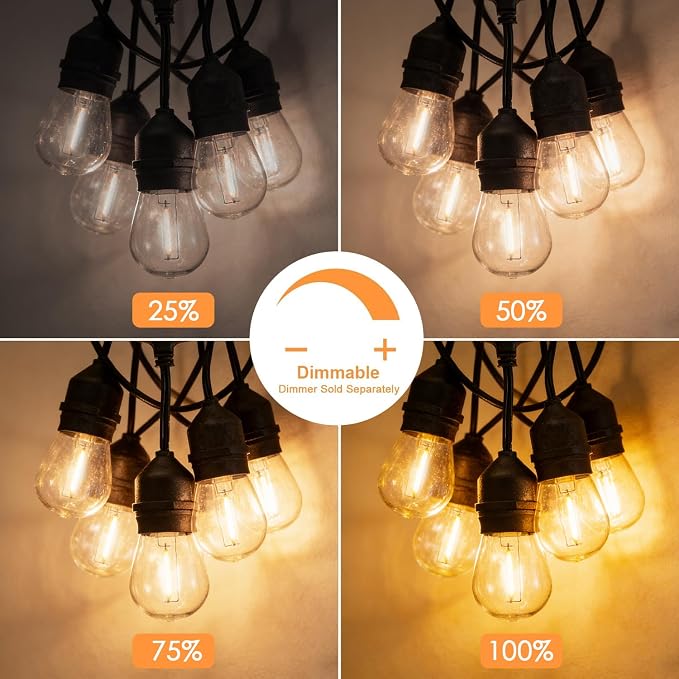 SUNTHIN 50FT Outdoor String Light with 16 1W LED Shatterproof Filament Bulb for Patio Lights, Backyard, Porch, Party Lights