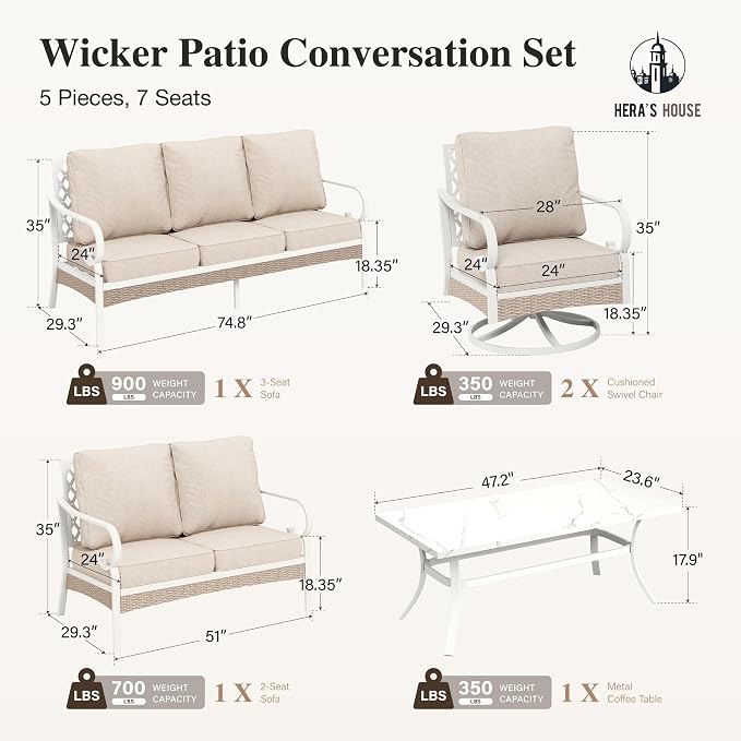 HERA'S HOUSE 5 Piece Metal Patio Furniture Set, 7 Seats All Weather Outdoor Conversation Set, 3 Seat Sofa with Loveseat, 2 Swivel Chairs, Coffee Table for Backyard, Garden, Deck, White/Beige