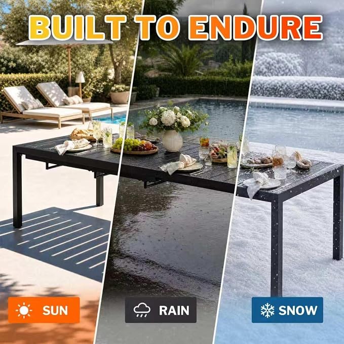 MEOOEM Expandable Patio Dining Table for 8, 78.8" Large Long Adjustable Rectangular Outdoor Table for 4-8 Person, 500LBS Sturdy Black Metal Extendable Patio Table for Outside,Garden, Lawn, Backyard