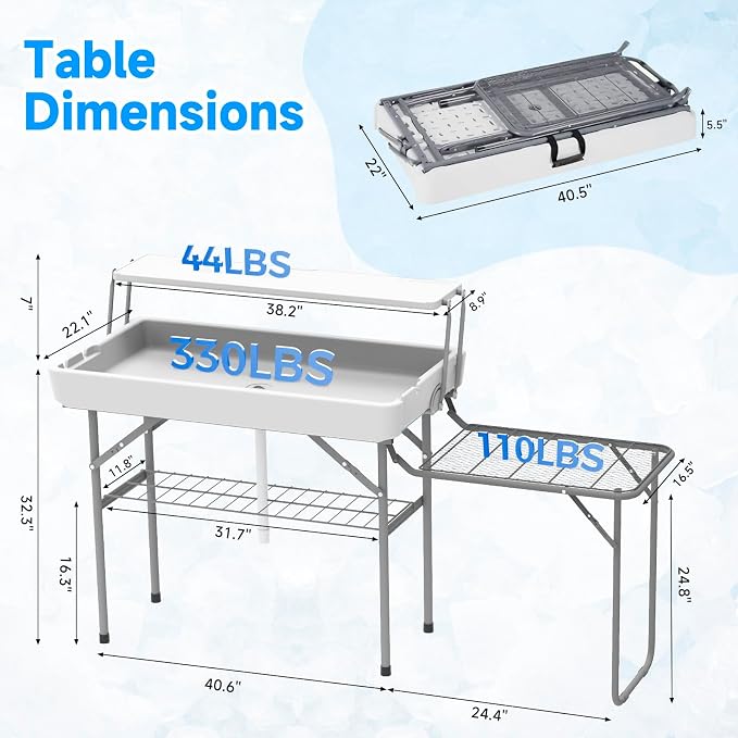 Ice Cooler Folding Table with Metal Side Desktop, Double-Layer Party Chilling Table with Drain and Detachable White Skirt to Keep Drinks Cool, Ice Bar for Weddings, Outdoor, Picnics，Pool