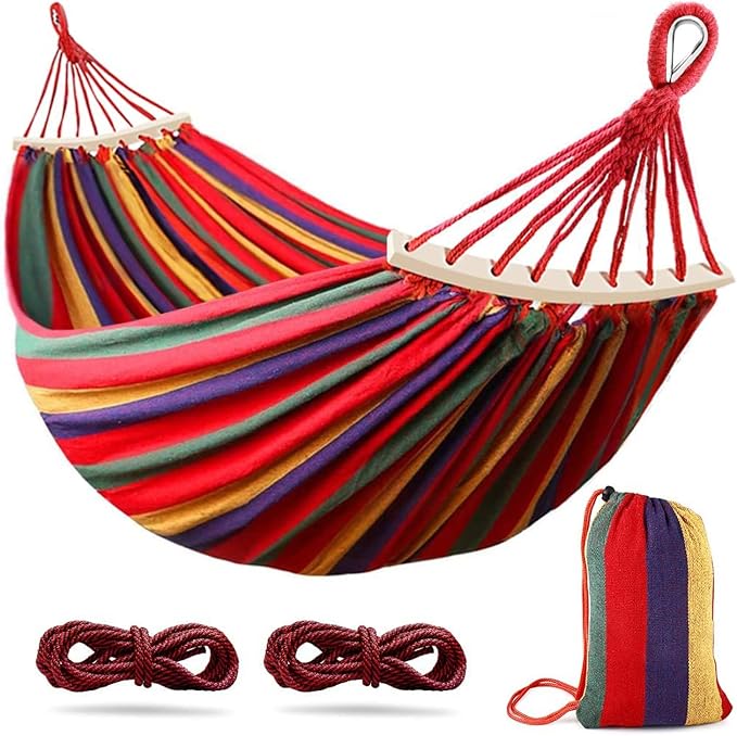 285X155cm Hammock with Spreader Bars, Camping Hammock Outdoor, with Thickened Durable Canvas Fabric and Sturdy Metal Knot, 550 Lb Load Capacity, for Backyard, Garden,Red