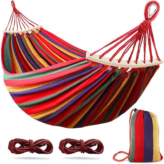 285X155cm Hammock with Spreader Bars, Camping Hammock Outdoor, with Thickened Durable Canvas Fabric and Sturdy Metal Knot, 550 Lb Load Capacity, for Backyard, Garden,Red