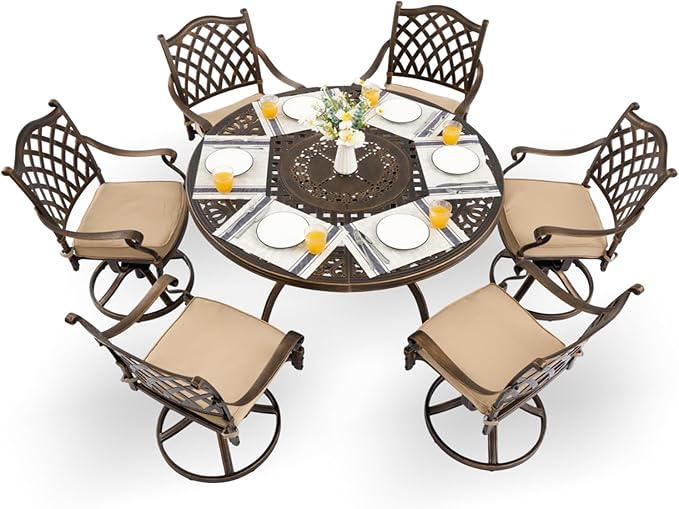 7-Pcs Cast Aluminum Patio Dining Set with 6 Swivel Chairs,Bronze | Outdoor Furniture Set Include 54" Round Dining Table and 6 Swivel Chairs with Cushions & Umbrella Hole