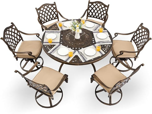 7-Pcs Cast Aluminum Patio Dining Set with 6 Swivel Chairs,Bronze | Outdoor Furniture Set Include 54" Round Dining Table and 6 Swivel Chairs with Cushions & Umbrella Hole