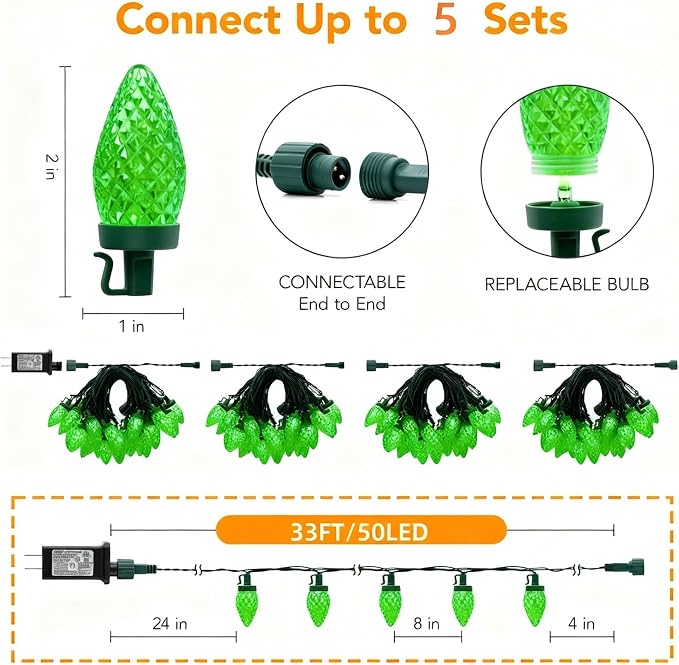 C9 LED Christmas Lights Outdoor,33 Feet 50 LED 8 Lighting Modes Waterproof Connectable Christmas String Lights for Outside Roofline Patio Home Xmas Decorations (Green)