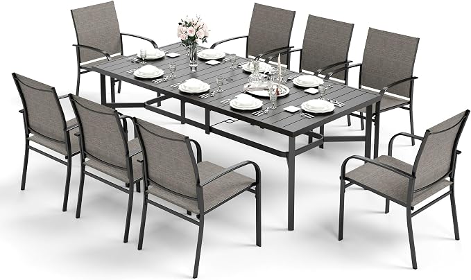 HERA'S HOUSE 9pc Outdoor Patio Dining Set for 8, Textilene Chairs, Brown | 83" Rectangular Metal Table with umbrella hole. Waterproof, rust-resistant, all-weather for backyard, porch