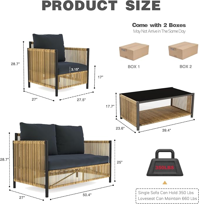 6 Pieces Aluminum Outdoor Patio Furniture Set - 4 Pcs Armchair, Loveseat & Dual-Layer Coffee Table - Rope Sectional Conversation Sofa Sets with Washable Thick Cushion for Garden Backyard Porch