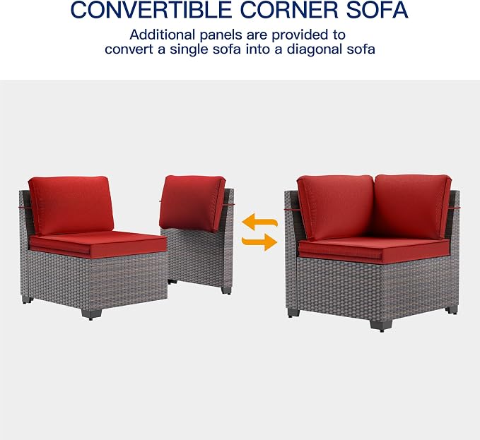 6 Pieces Patio Furniture Sets with Glass Tea Table,PE Rattan Wicker Patio Conversation Set with Washable Cushions,Outdoor Patio Sectional Furniture Set for Backyard, Poolside, Garden,Red