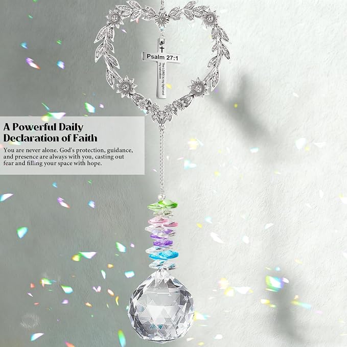 Christian Gifts for Women, Heart-Shaped Suncatcher with Cross - Religious Birthday Ornament with Scripture The Lord is My Light and My Salvation - Inspirational Catholic Spiritual Gifts