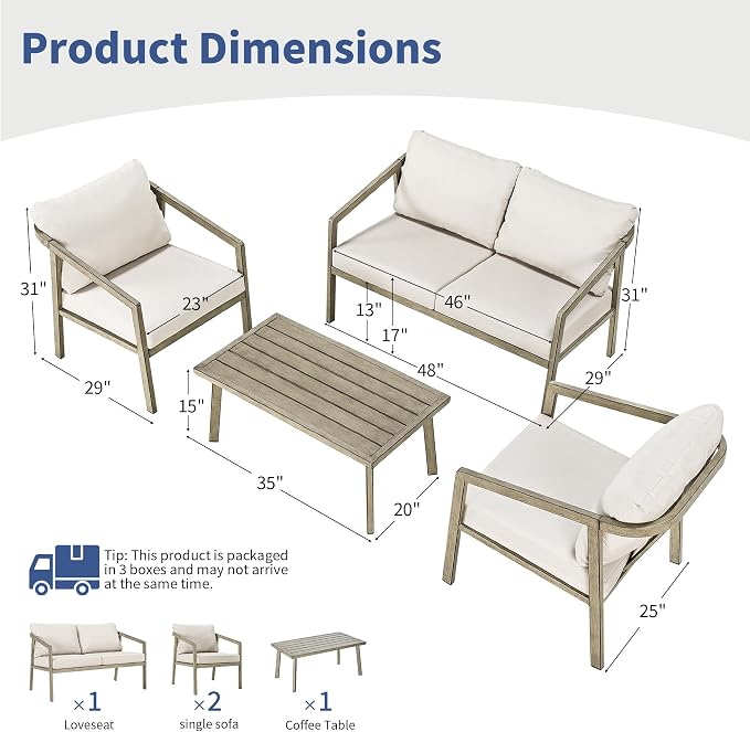 4-Piece Patio Sofa Set, Never-Rust Aluminum Patio Furniture with Thick Removable Cushions, Outdoor Conversation Set with 2 Armchairs, Loveseat & Table for Garden Deck Pool Poolside (Taupe)