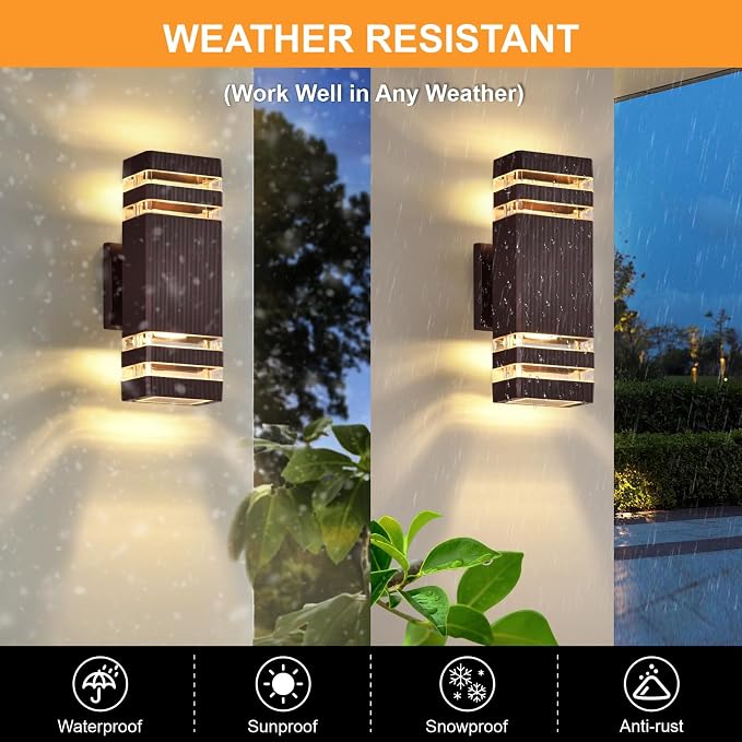 DASTOR Modern Outdoor Wall Lights 2 Pack, Brown Exterior Wall Sconce Lighting Fixtures, Up and Down Outdoor Porch Lights, Waterproof Ouside Wall Lights for House Garage Patio