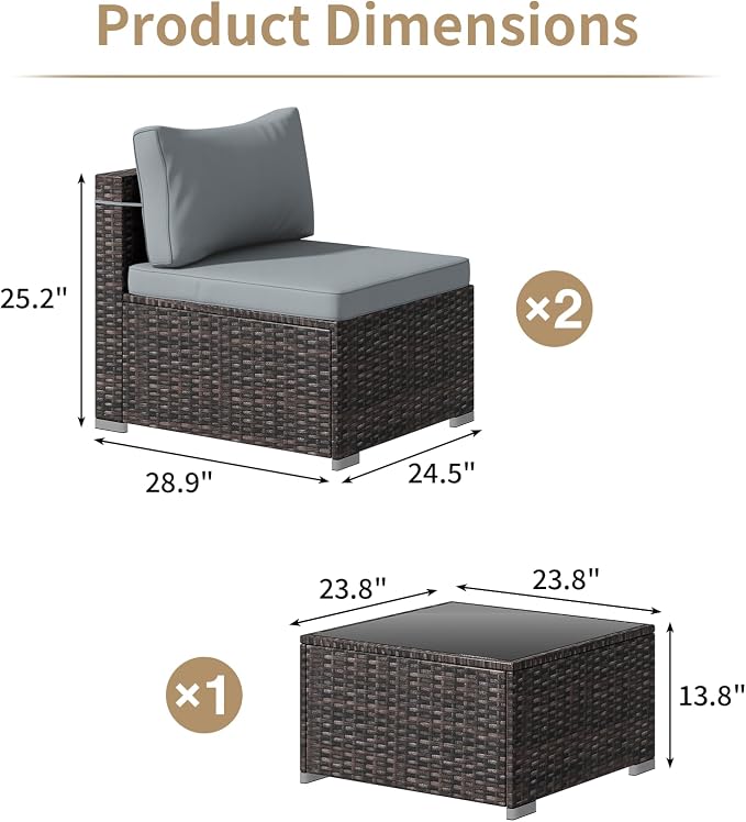 Tradare 3 Piece Patio Furniture Set, Outdoor Wicker Patio Sofa Set, PE Rattan Sectional Couch with Glass Table and Grey Cushions, All-Weather 3 Piece Outdoor Patio Furniture Sets, Brown