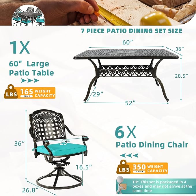MEETWARM 7-Piece Outdoor Patio Dining Set, All-Weather Cast Aluminum Patio Conversation Set with 6 Cushioned Swivel Rocker Chairs for Backyard Garden Deck, 1 Rectangular Table, Ocean Blue