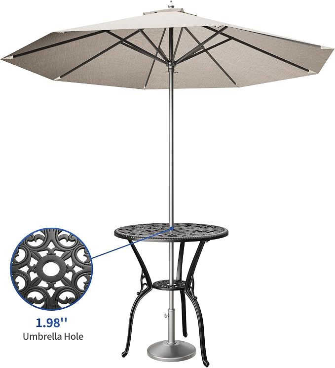 GAOMON 23" Cast Aluminum Patio Bistro Table with Umbrella Hole, Outdoor Round Coffee Bistro Side Table, Anti-Rust Outdoor Furniture for Backyard, Garden, Porch, Pool, Balcony, Black