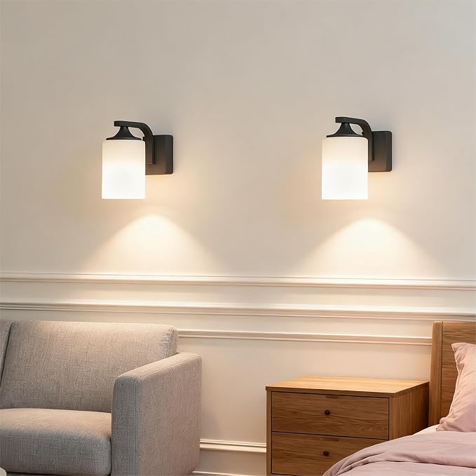 Outdoor Wall Lamp, Waterproof and Anti-Rust Aluminium Modern wall Light Fixture Milk Glass Indoor for Outside,Garden, Matt Black
