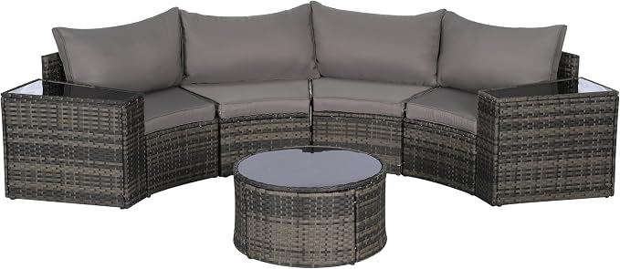 KEIKI 7-Piece Half-Moon Outdoor Patio Furniture Set, Rattan Patio Conversation Set with Coffee Table & 2 Sofa Side Table & 4 Curved Armless Sofa, Wicker Curved Sectional Sofa Set, for Backyard, Gray