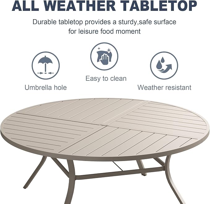 VICLLAX 11 Pieces Patio Outdoor Dining Set, 60" Large Round Metal Table with Umbrella Hole and 10 Stackable Textilene Chairs for Patio, Lawn, Garden, Porch, Sandshell