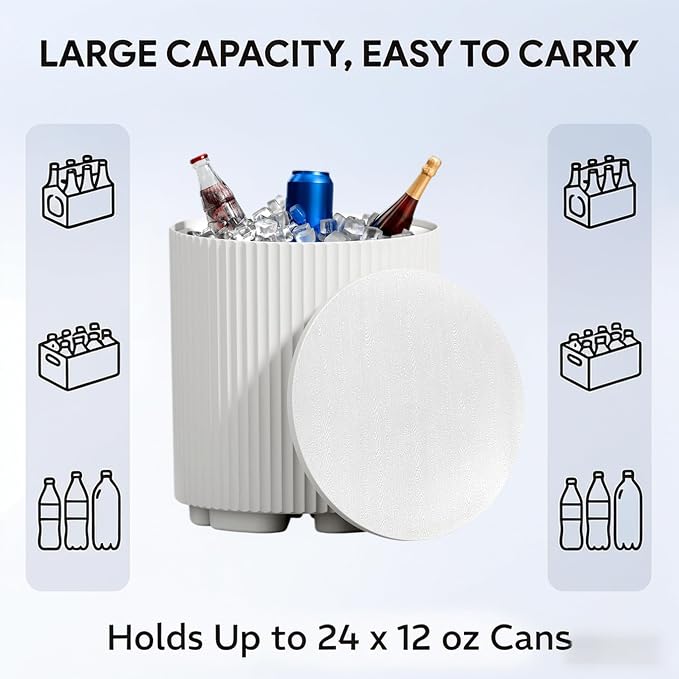 Outdoor Cooler Side Table, 2-in-1 Ice Chest Side Table Bucket All Weather Resistant, Portable Cooler Table for Patio & Parties & Picnics & Beach & BBQ, White