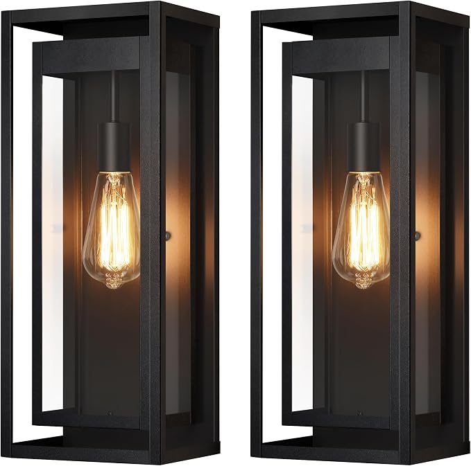 19" Outdoor Wall Lights, 2 Pack Large Size Matte Black Outdoor Sconce Lights with Clear Glass Shade, Waterproof Porch Lighting Exterior Light Fixture for Front Door, Garage