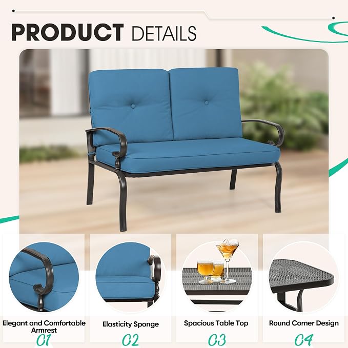 Incbruce 7 Piece Wrought Iron Patio Furniture Set Metal Outdoor Conversation Sets (Loveseat, Coffee Table and Bistro Table, 2 Spring Chair, 2 Dining Chairs) with Cushion (Peacock Blue)