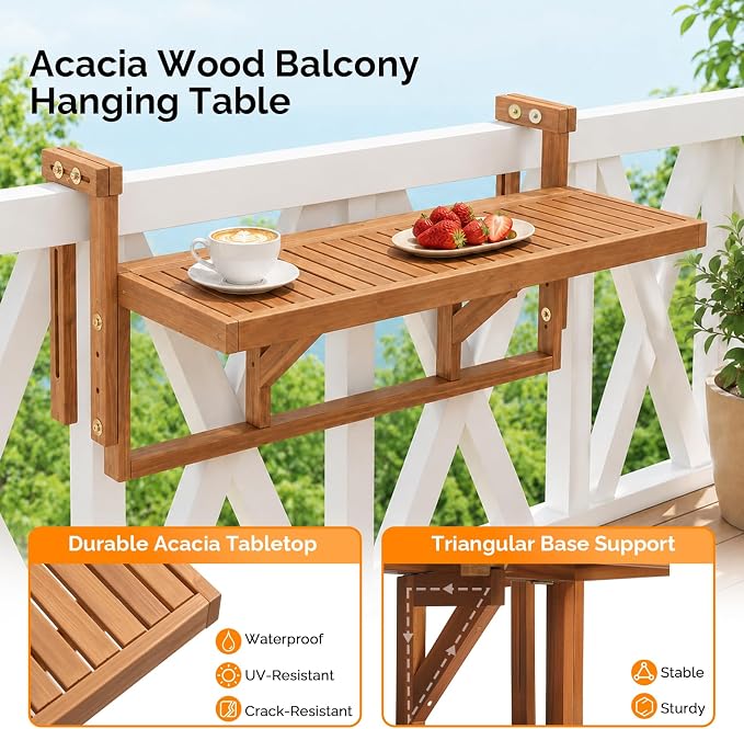 VINGLI 48in Acacia Wood Folding Balcony Hanging Table – Adjustable Height & Width, Balcony Railing Table Ideal for Different Railing Widths, Perfect for Balcony, Patio, Rectangular,Natural Wood Color