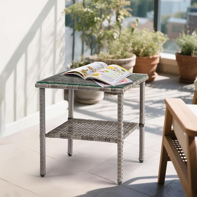 Outdoor PE Wicker Side Table with Storage, Patio Rattan End Table Square Glass Top Table for Furniture Gardening Tools