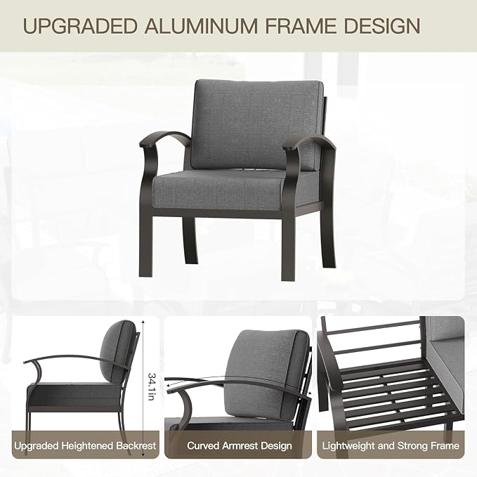 Aluminum Patio Furniture Set with 55,000 BTU Propane Fire Pit Table,5 Seats Metal Modern Outdoor Furniture w/5.1" Cushions,Patio Sectional for Backyard,Patio,Grey
