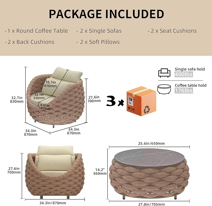 TWT 3 Pieces Aluminum Patio Furniture Set, Hand Woven Textilene Rope Outdoor Sofa Set w/Washable Cushion and Rock Slab Tabletop, Conversation Furniture for Livingroom Poolside Balcony (Light Brown)