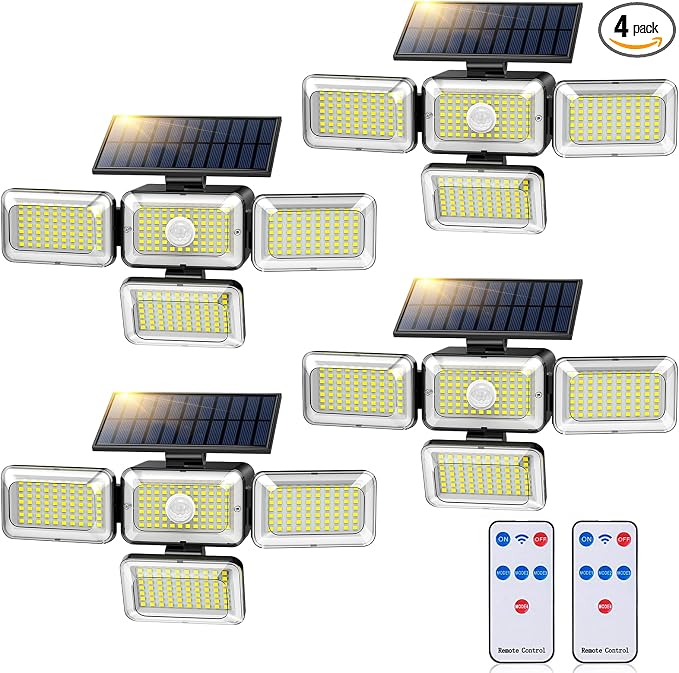 Solar Lights Outdoor, 288 LED 2800LM Motion Sensor Outdoor Light with Remote Control, 4 Heads IP65 Waterproof Solar Flood Security Lights for Outside Patio Wall -4PACK